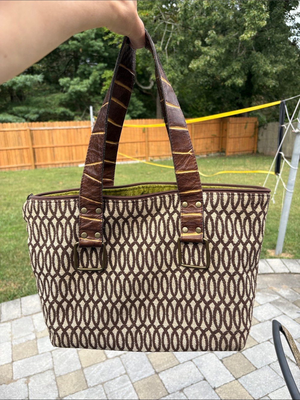 Brown Patterned Tote Bag with Leather Handles